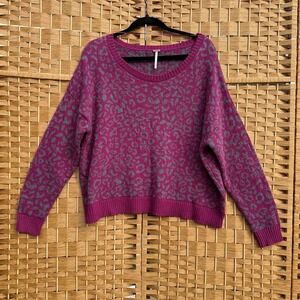 Free People Purple / Magenta Cheetah Print Cotton Blend Sweater Women's Small